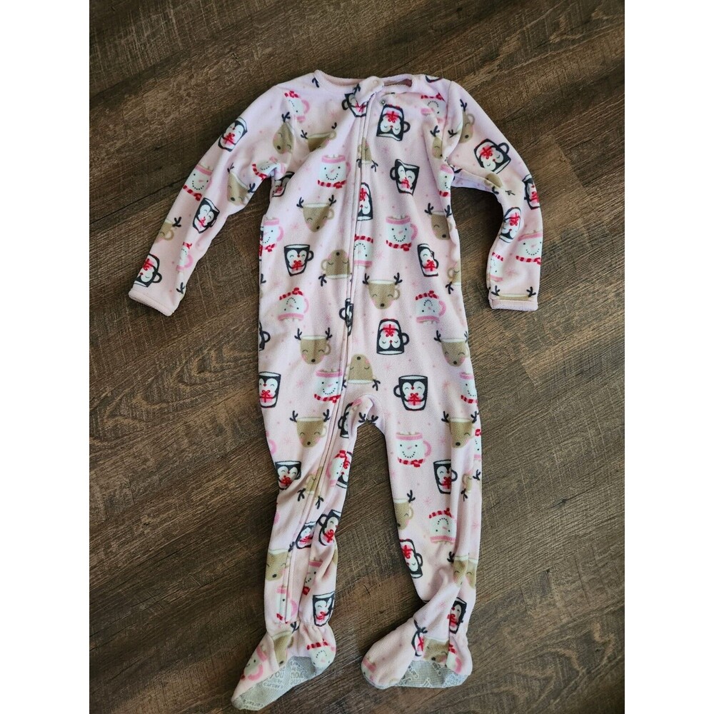 Carters 4T Girls One Piece Footed Pjs - Pink With Reindeer & Penguins
